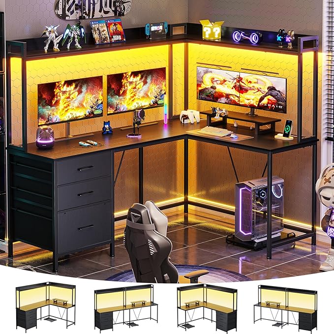 L Shaped Gaming Desk with Shelves, Reversible Computer Desk with Power Outlet & LED