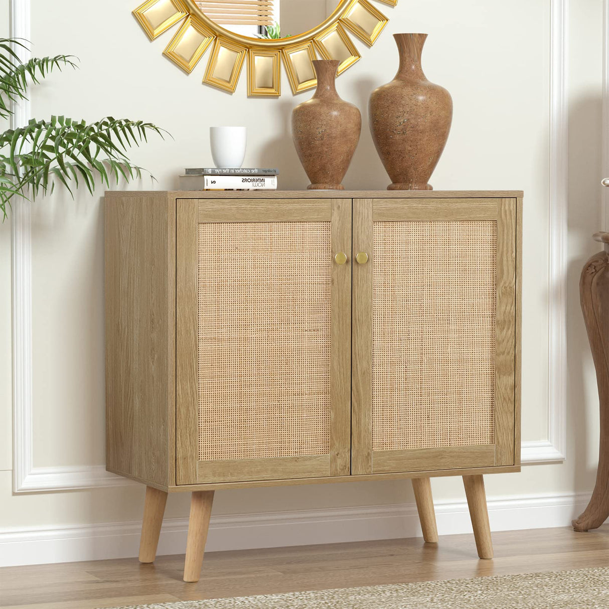 Rattan Cabinet, 2 Door Sideboard Buffet Cabinet with Adjustable Shelf