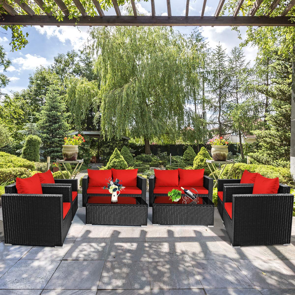 4-Piece Patio Rattan Furniture Set, Sofa Set w/Conversation Set