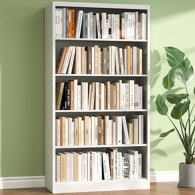 White Bookshelf, 5 Tier Tall Bookcase with Bookend, Large Metal Book Shelf Display Storage