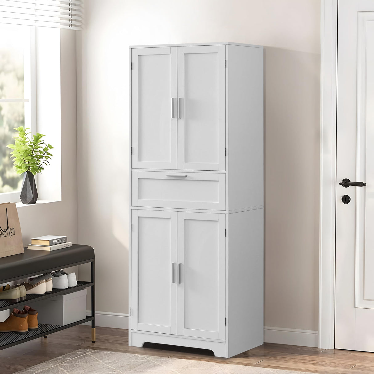 H Tall Storage Cabinet, Pantry Cabinet with 1 Large Drawer & 2 Adjustable Shelves,Tall Cabinet, Freestanding Cupboard