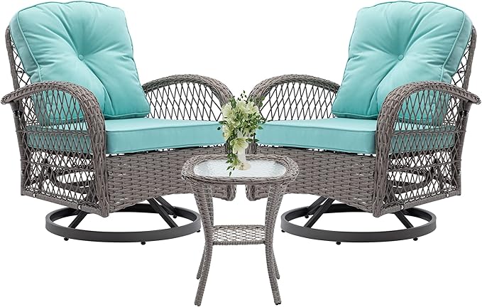 3-Piece Swivel Patio Bistro Set - 360° Rattan Wicker Rocker Chairs with Cushions