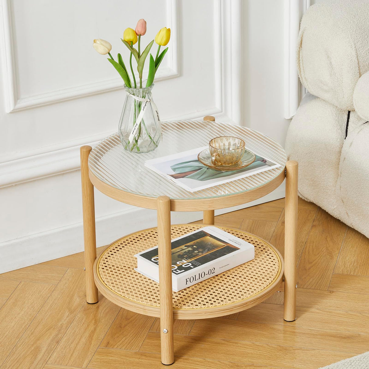 19.6" Boho Rattan Coffee Table, Round Glass Metal End Table