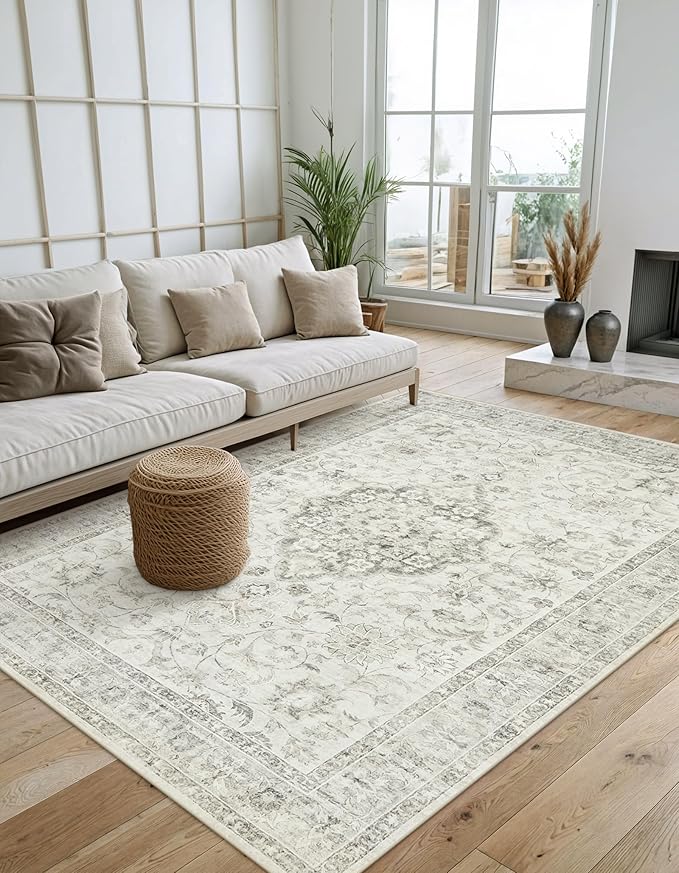 Machine Washable Rug 5x7 Sage Green Rugs for Living Room, Non Slip Vinatge Rug Boho