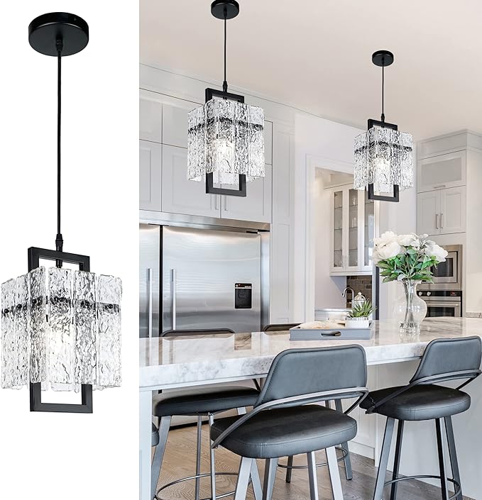 Modern Black Crystal Chandeliers for Dining Room, Luxury Water Ripple Glass Light Fixture
