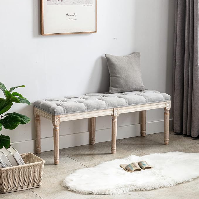 Upholstered Fabric Entryway Bench, Tufted Piano Bench for 2 People, Rubber Wood