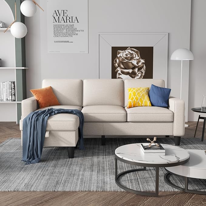 Convertible L-Shape Linen Sofa with USB, Cup Holders & Storage