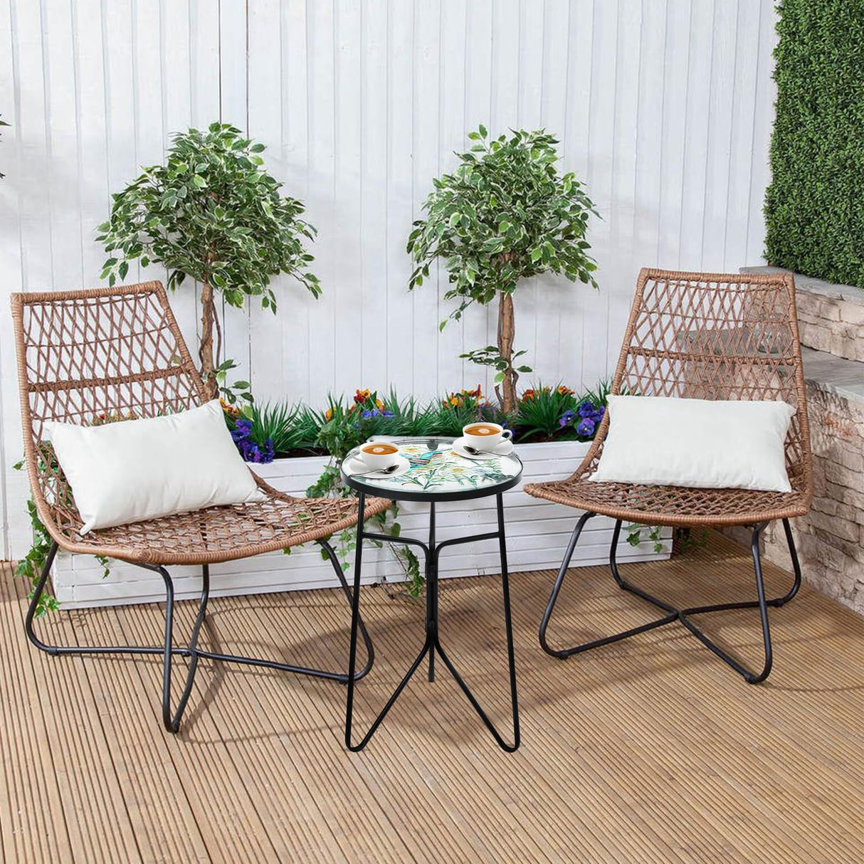 VCUTEKA Patio Side Table Outdoor Accent Table Bistro Coffee Table Plant End Table Small Porch Table Indoor Round Glass Balcony Plant Table Stands Golden Transparent Hummingbird 12 inches - Bircata