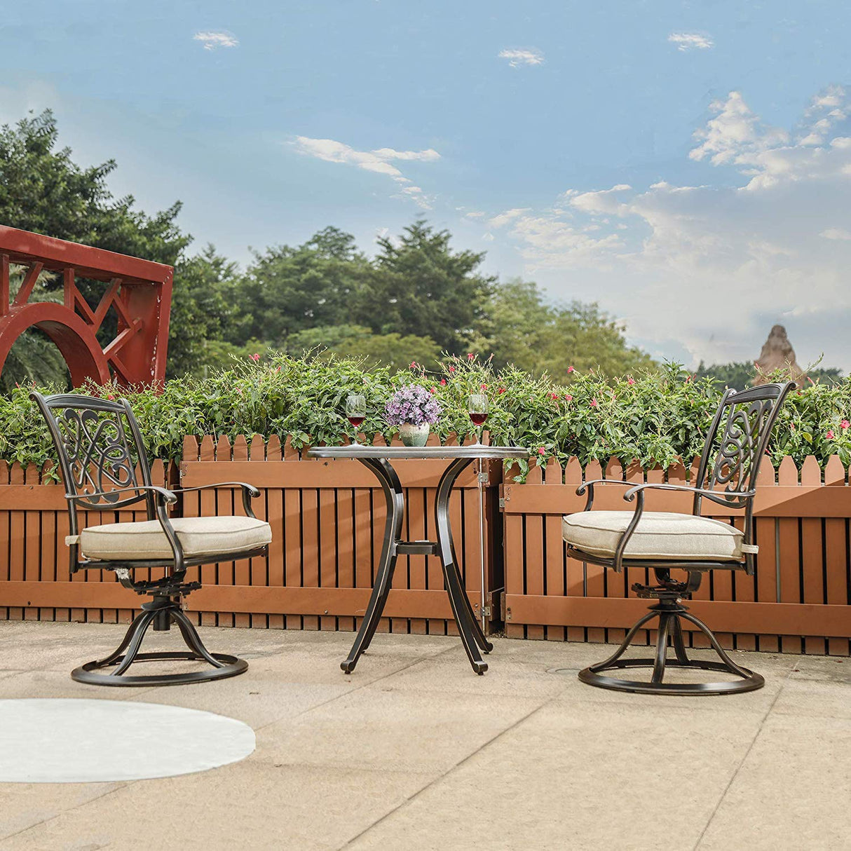 3-Piece Cast Aluminum Bistro Set with Glider Chairs and Dining Table