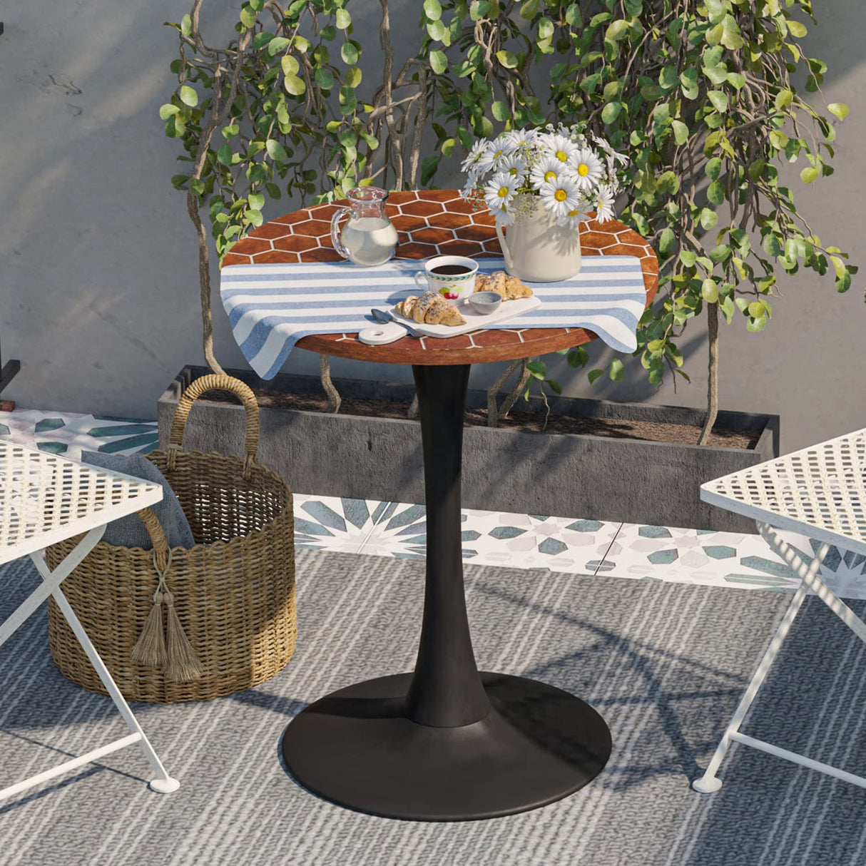 COSIEST Outdoor Honeycomb Bar Table Mosaic Garden Side Table Small Patio Round MgO Table for Yard or Lawn (Reddish Brown) - Bircata