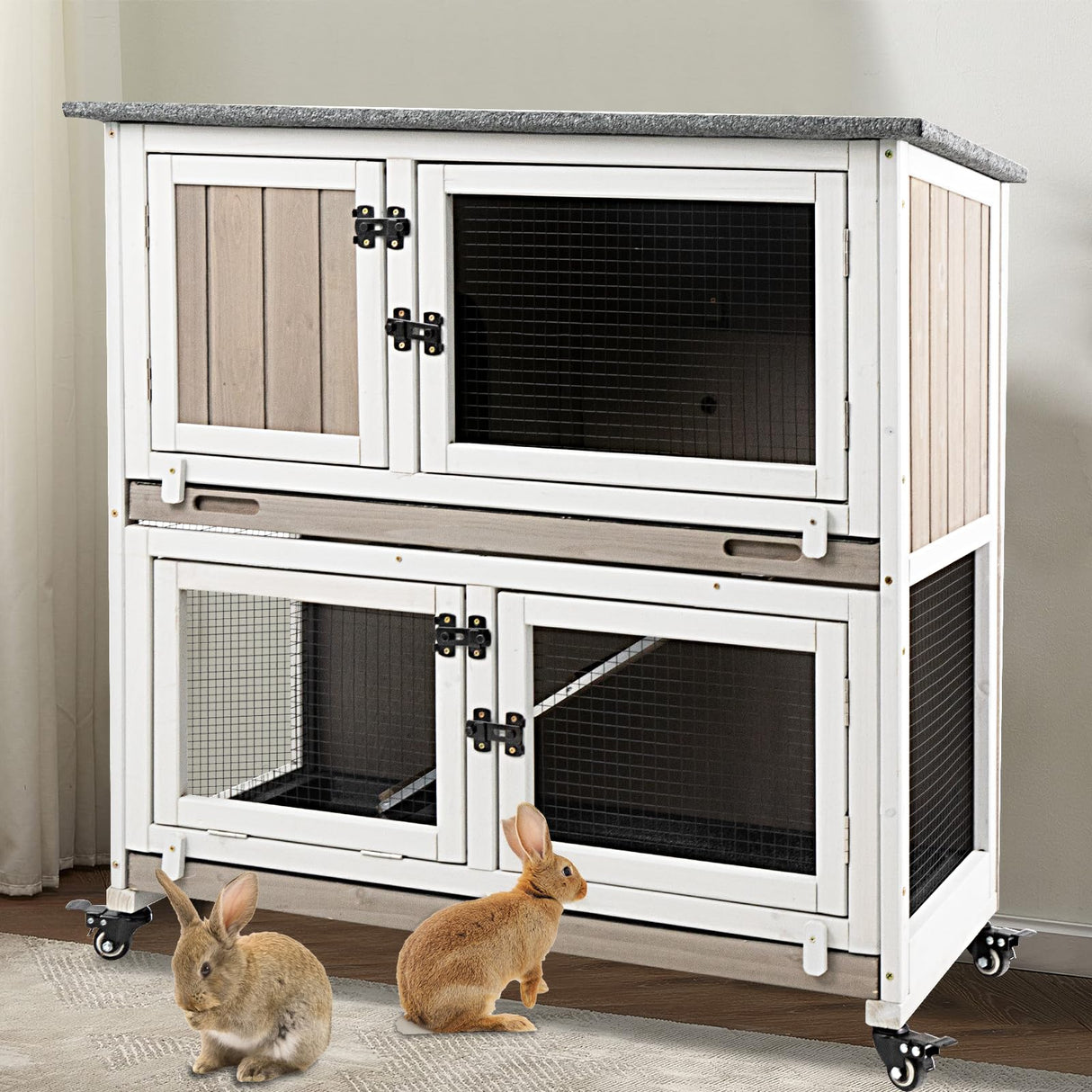 36" L Rabbit Hutch Indoor with 4 Metal Wheels, 2-Story Wooden Bunny Hutch