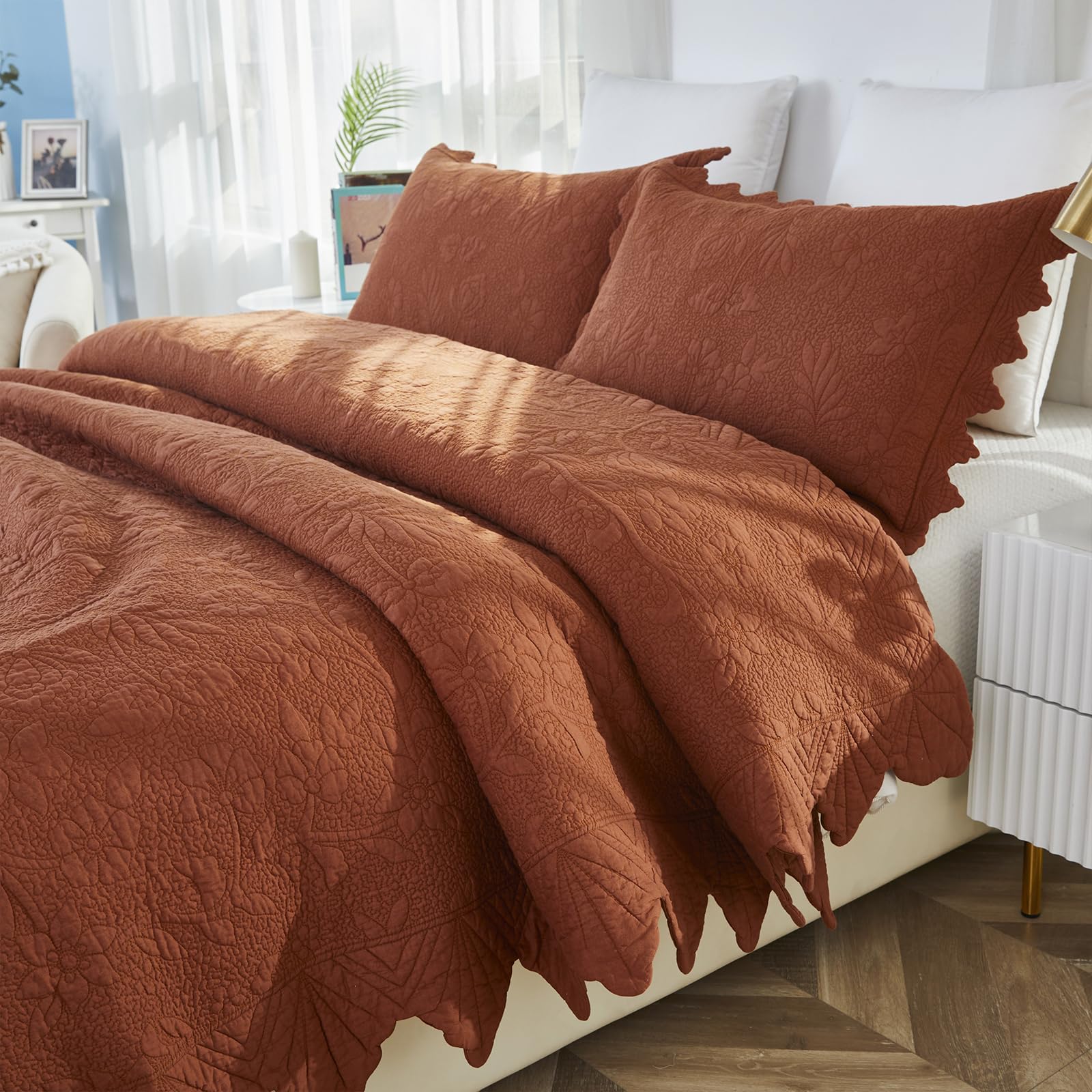 Size Quilt Set Cotton Quilted Comforter Set Burnt Orange Vintage Scalloped Edge Quilts