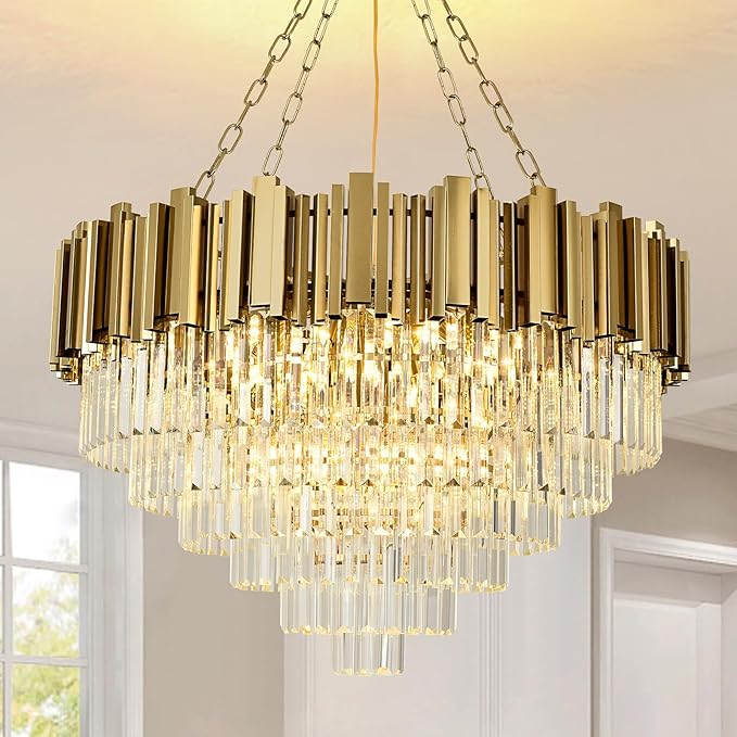 Crystal Chandelier Gold Pendant Light Fixtures, Oval Crystal Pendant Lighting for Living
