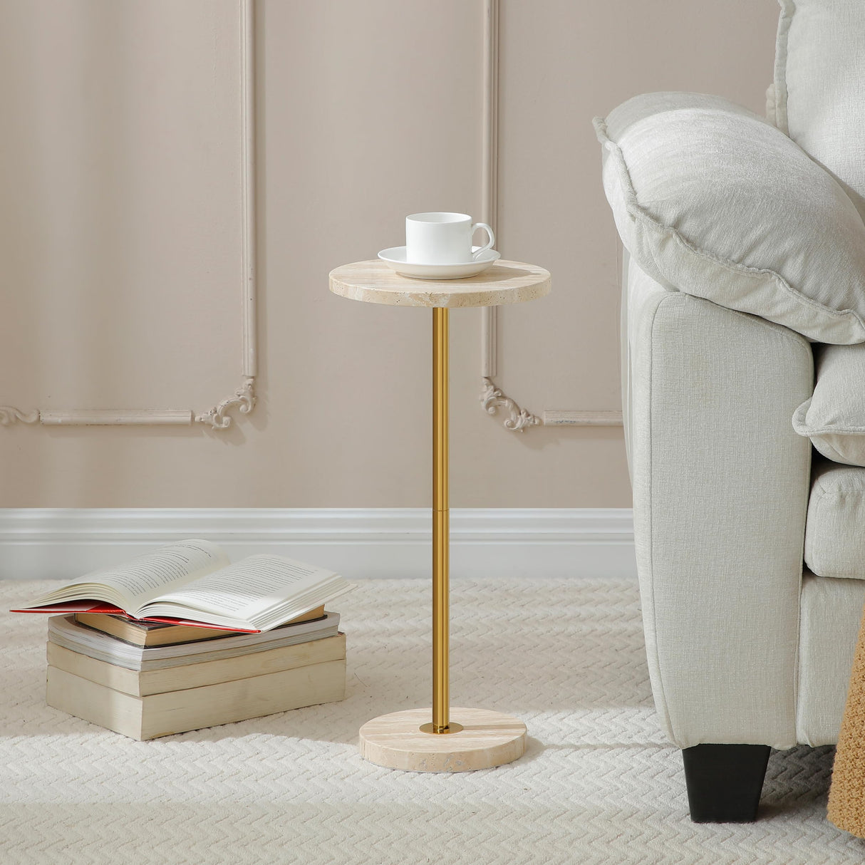 9.8-inch Marble Round Drink Table, Stone Finish Top Pedestal End Table for Living Room