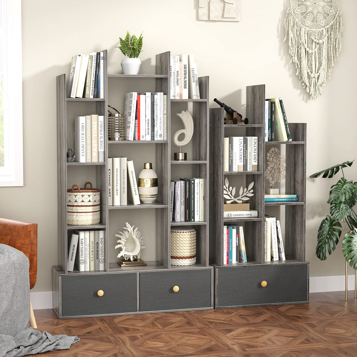 Book Shelf with 2 Drawers Free Standing Bookcase, Office Storage Shelf Organizer