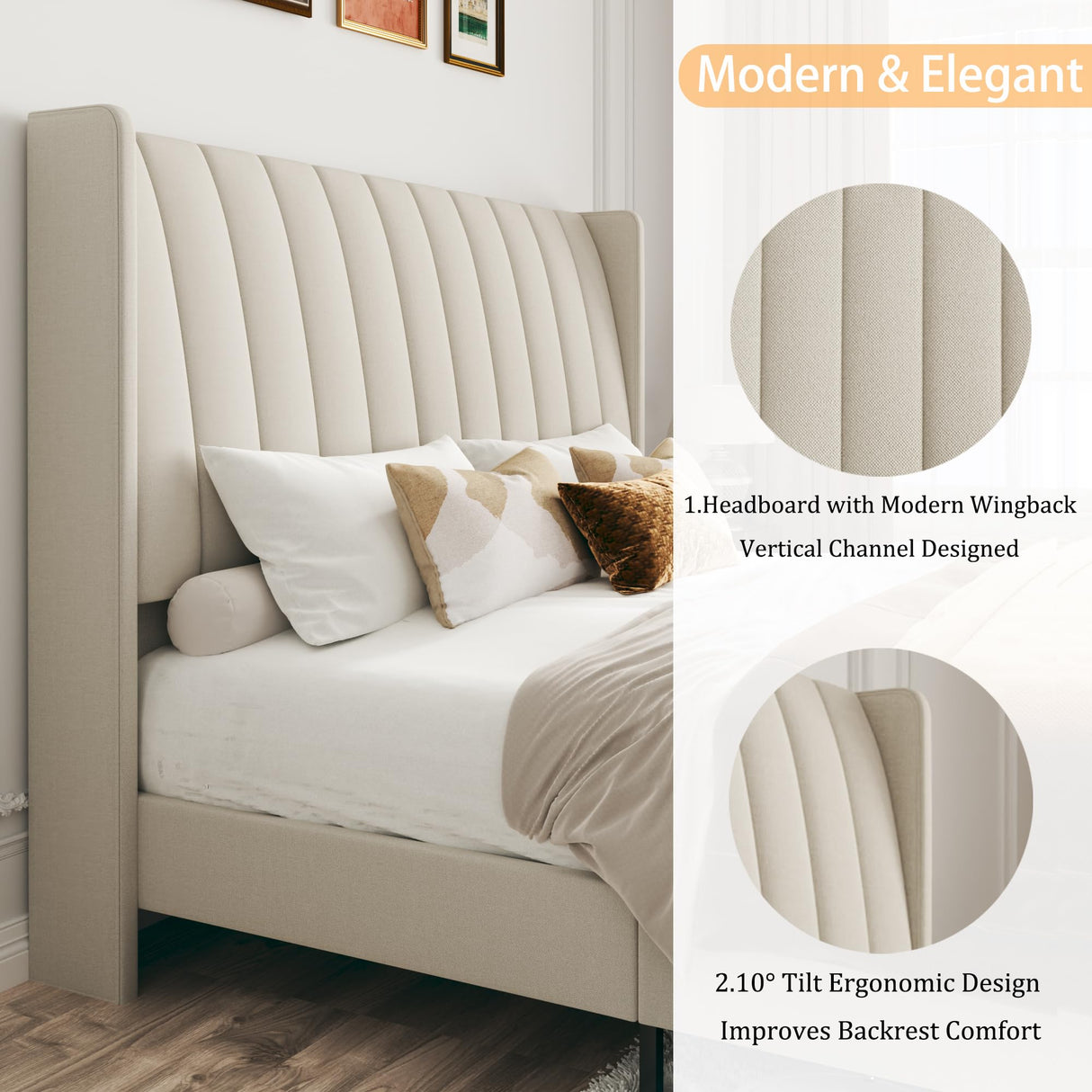 Queen Upholstered Bed Frame with Vertical Channel Wingback Headboard