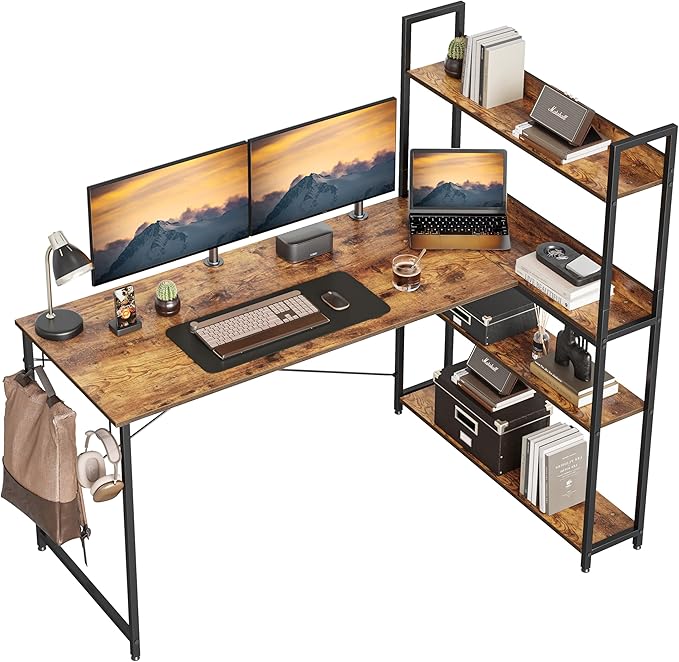 Corner Desk with Storage Shelves, 47 Inch Reversible L Shaped Desk with Bookshelf, Home Office Writing Desk with Hooks, Small L Study Table, Rustic Brown