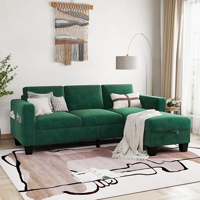 78'' Convertible Sectional Sofa Couch, Green 3 Seat L-Shaped Couch