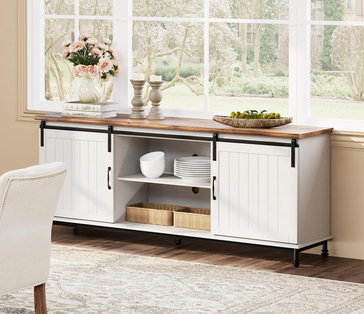 70'' Farmhouse TV Stand for 75 Inch TV, White Entertainment Center with Sliding Barn