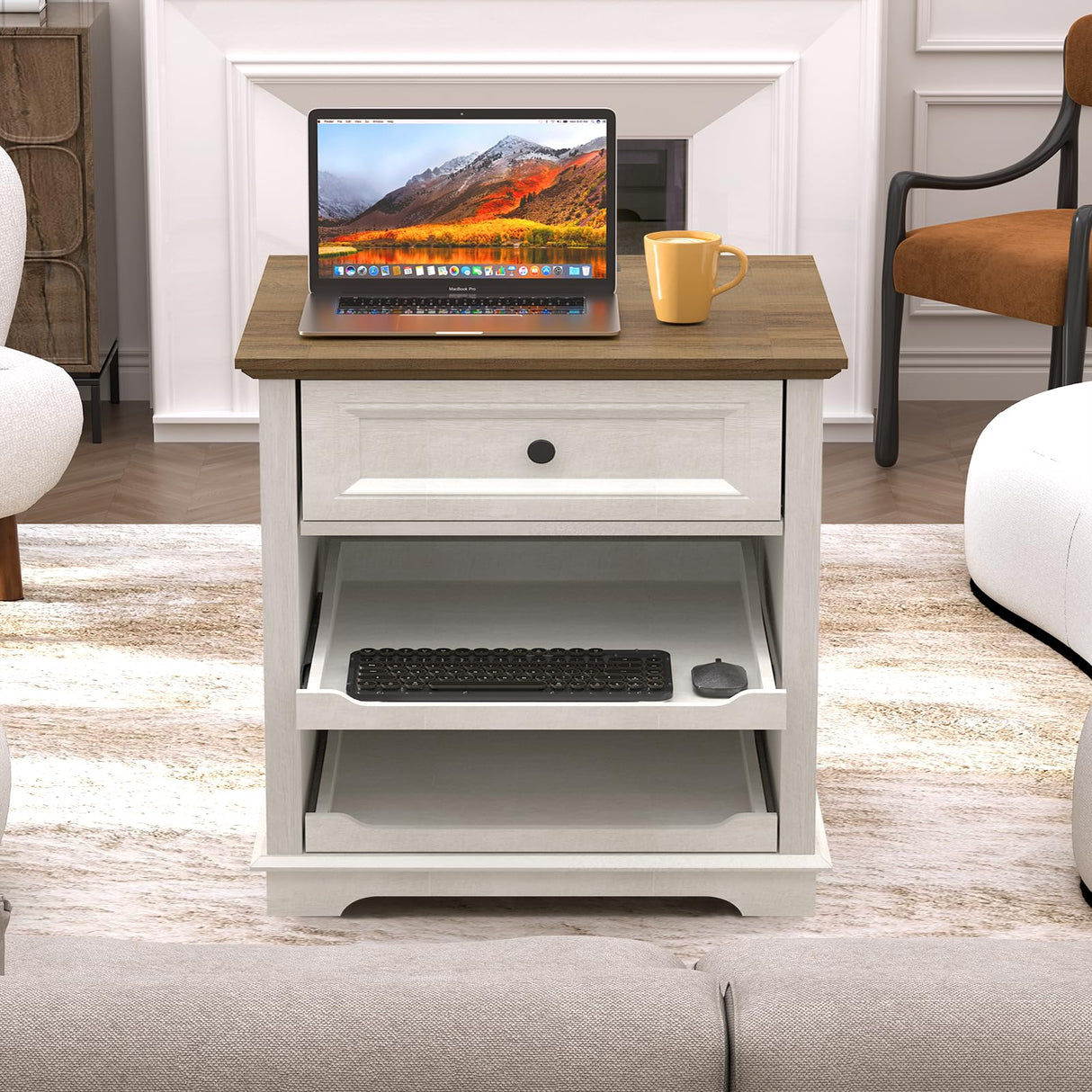 REDAYFUR 24" Large End Table with Charging Station, Sofa Side Table with Drawers, Square Storage Table with 2 Open Mind Drawers & Adjustable Storage Shelf for Living Room,Study Room,Antique White