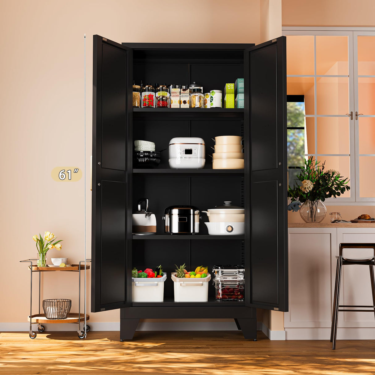 61" Tall Farmhouse Metal Pantry Cabinet, Kitchen Pantry Storage Cabinets