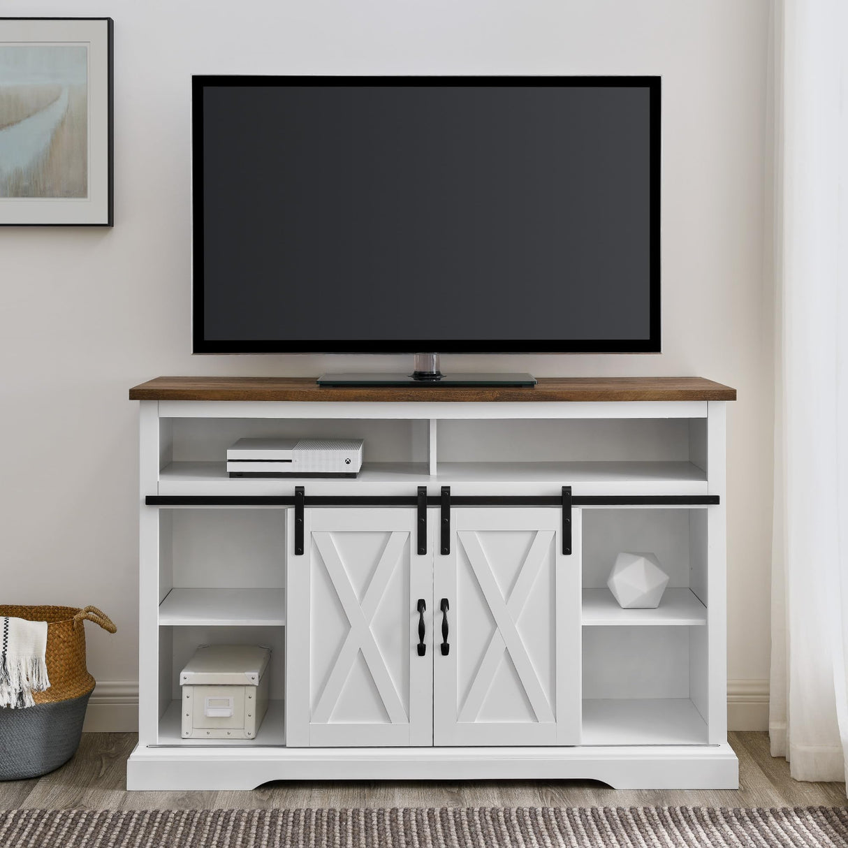 Clayton Farmhouse Sliding Double Barn Door TV Stand for TVs up to 58 Inches