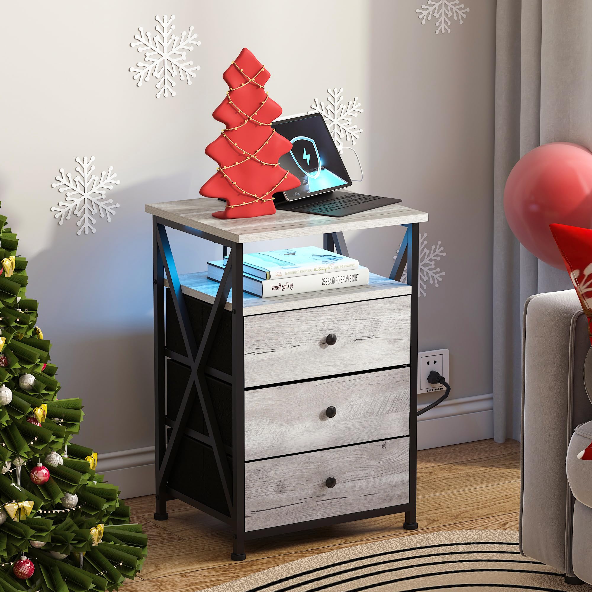 Nightstands Set of 2, Modern Design, LED Light, Night Stand