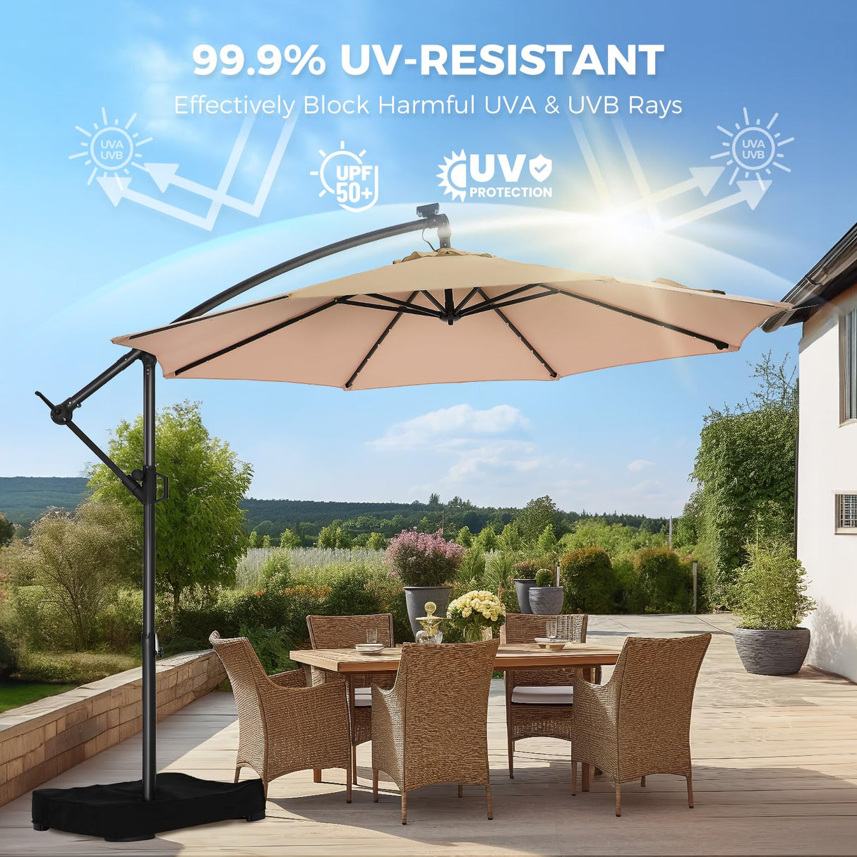 10ft Solar Lights Offset Cantilever Patio Umbrella - w/Light and Base