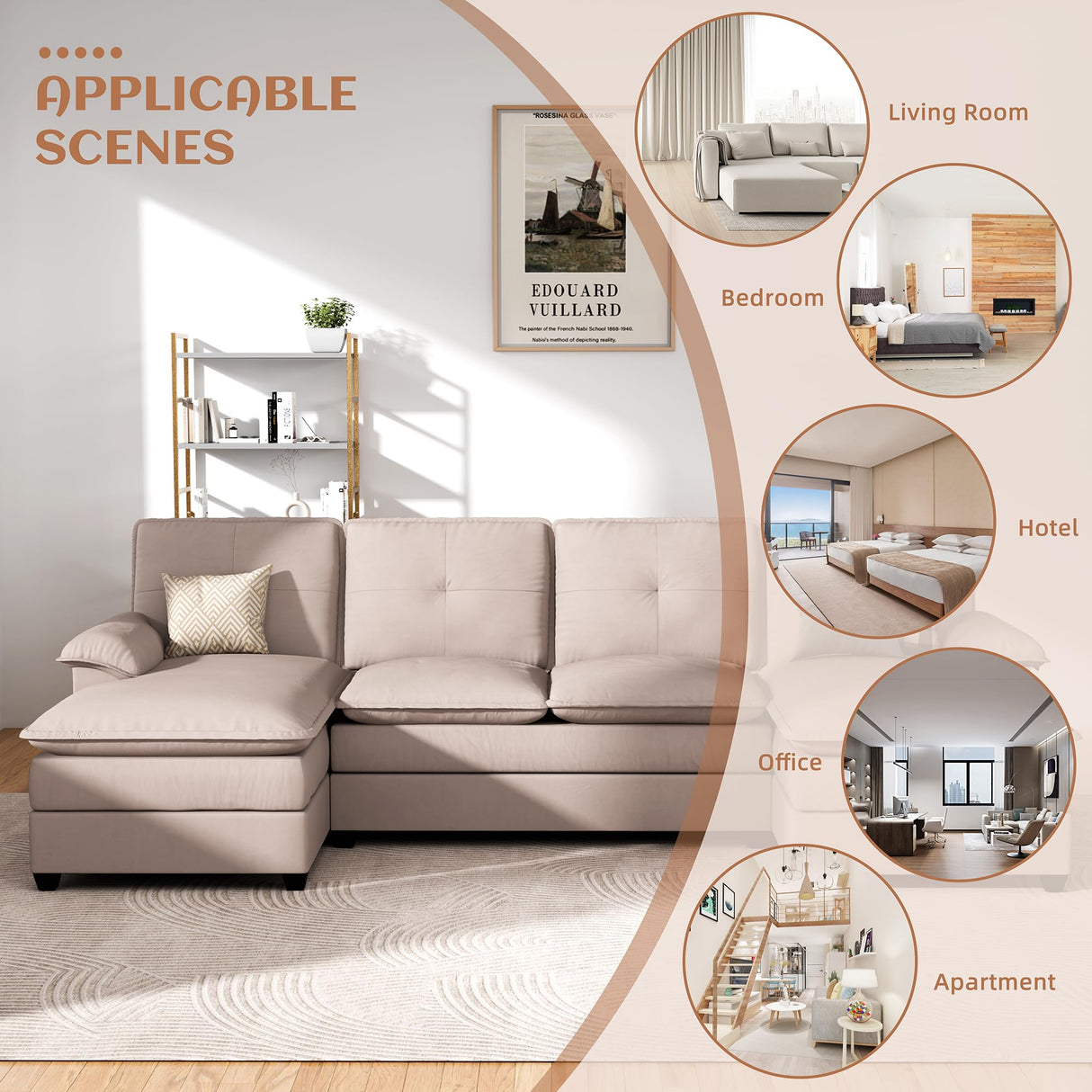 Vongrasig Sectional Couches for Living Room, Comfy Cloud Couch with Chaise 110" U-Shaped Sofa 4-seat Modular Sofa Large Sectional Couch with Ottoman for Living Room (Khaki)