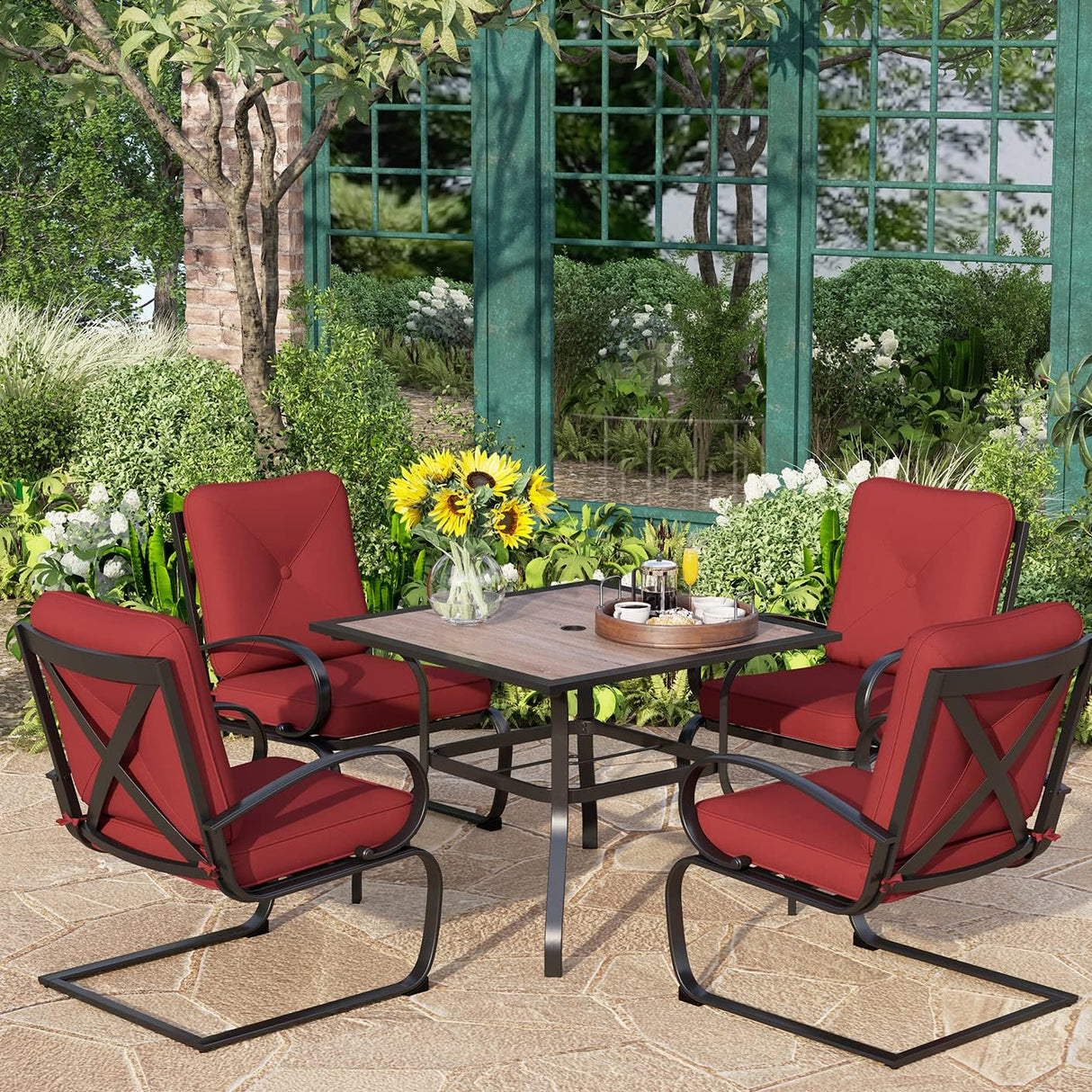 5 PCS Patio Dining Set, Outdoor 37" x 37" Wood Like Square Dining Table and 4 Piece Extra Wide Spring Motion Chairs