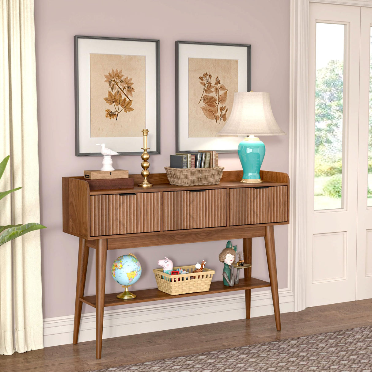 Narrow Console Table Entryway Sofa Table with 3 Drawers Fluted Console Table