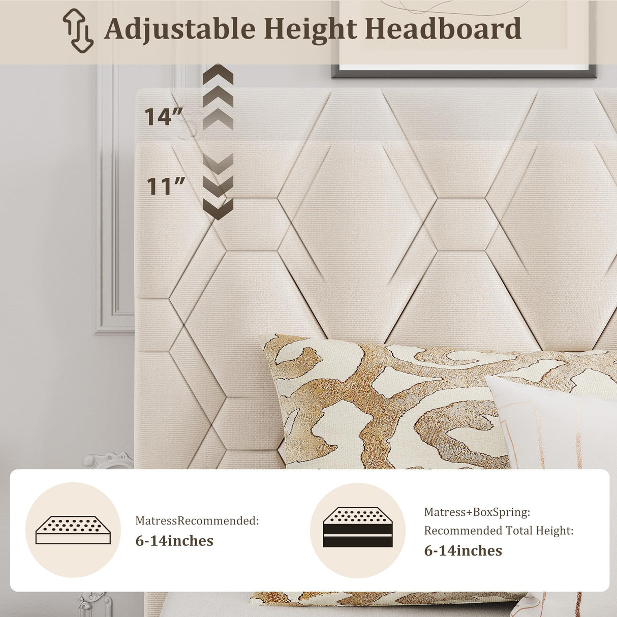 Beige Upholstered Queen Bed Frame with Platform & Wood Slats