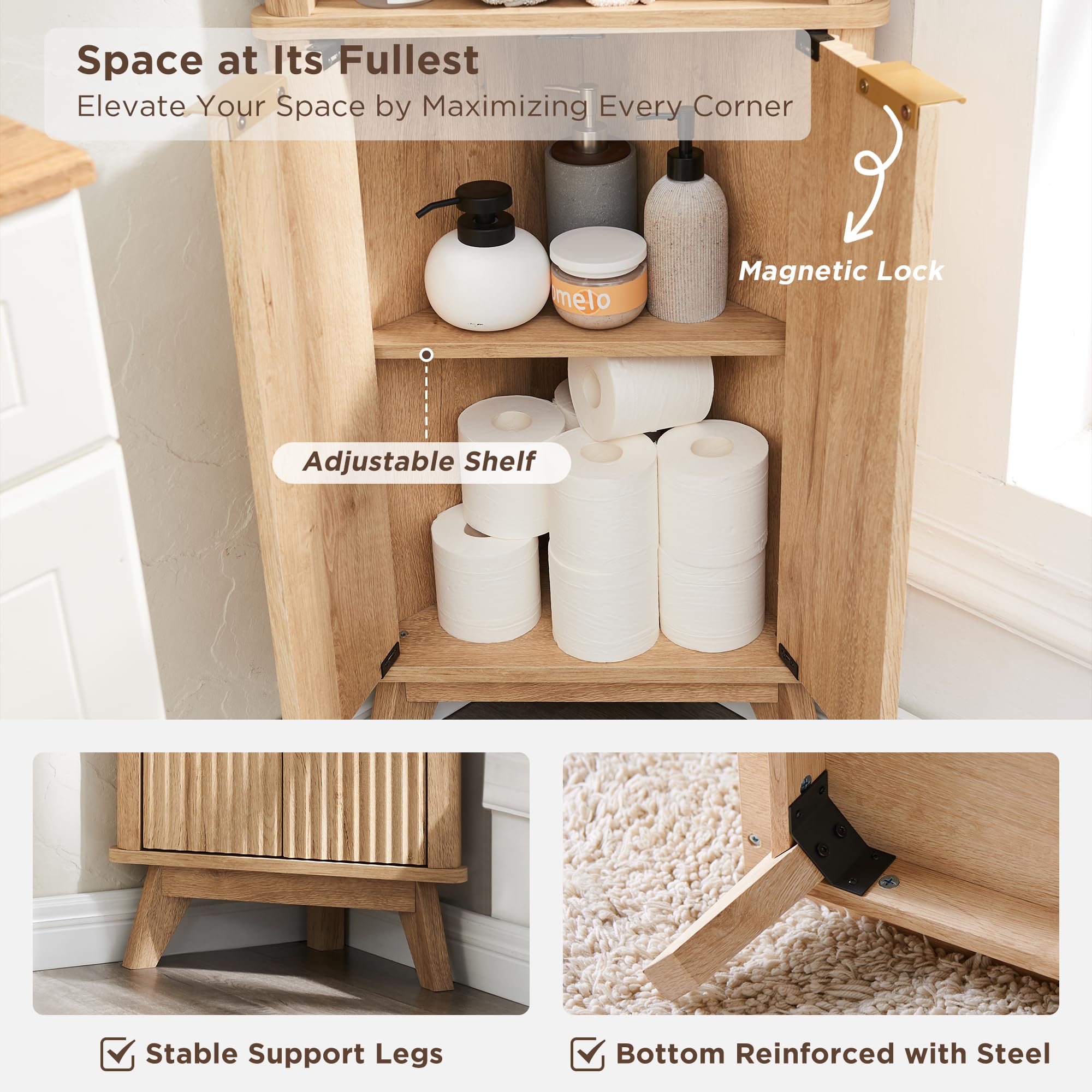 68" Tall Corner Cabinet, Modern Fluted Storage Cabinet with Faux Marble Top &