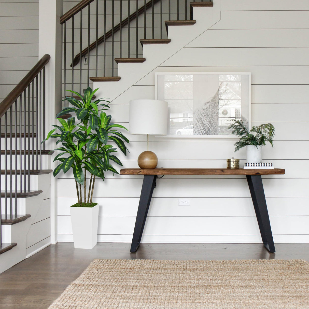 Artificial Dracaena Tree 5FT - Faux Tree with White Tall Planter - Fake Tropical Yucca