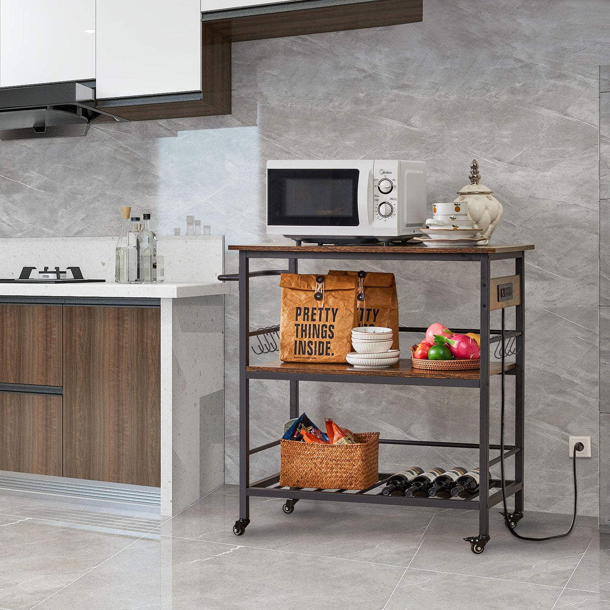 Kitchen Island with 3 Shelves, Island Table for Kitchen with Power Outlet,Kitchen Cart