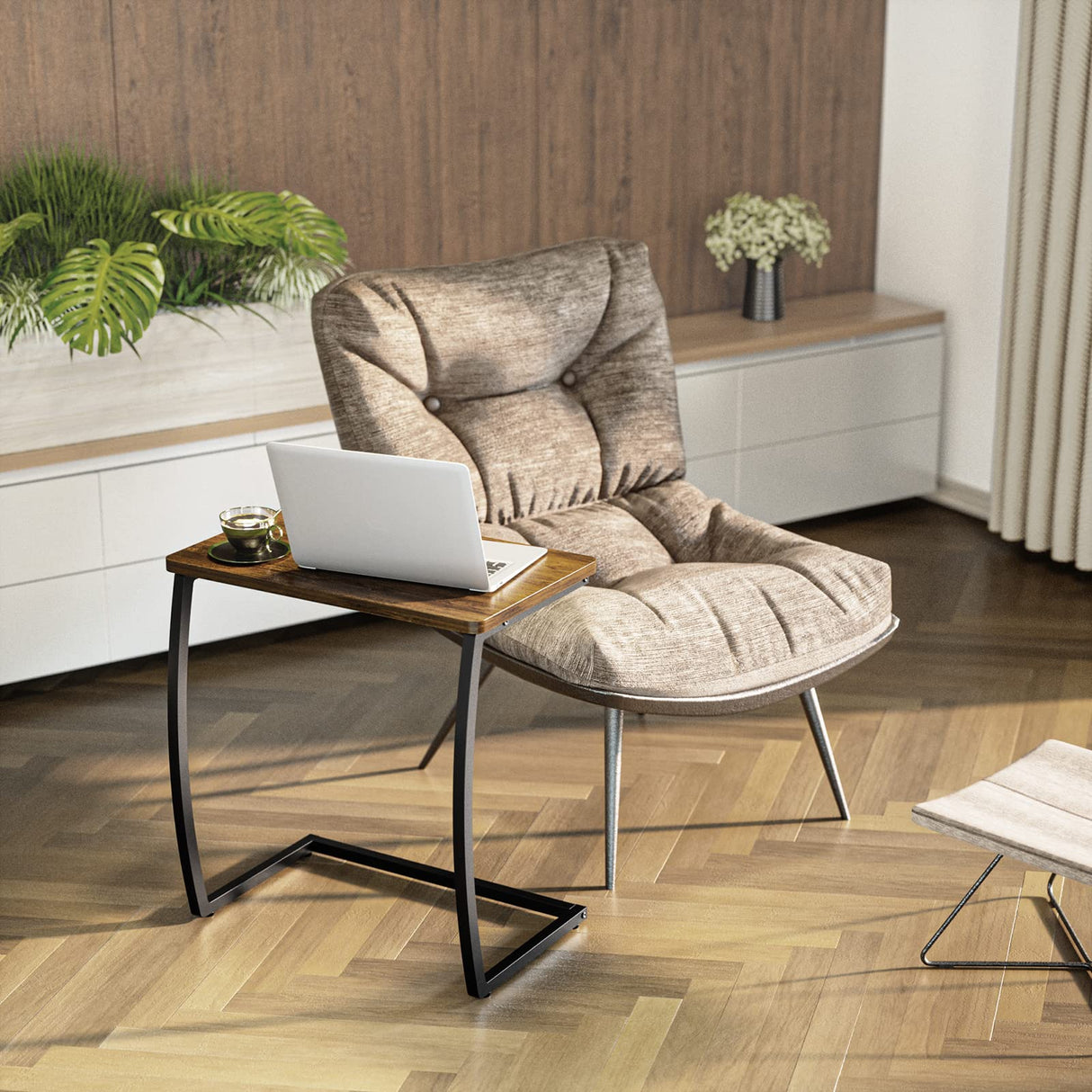 Side Table, End Table, Vintage C-Shaped Couch Table for Sofa Laptop Coffee Snack