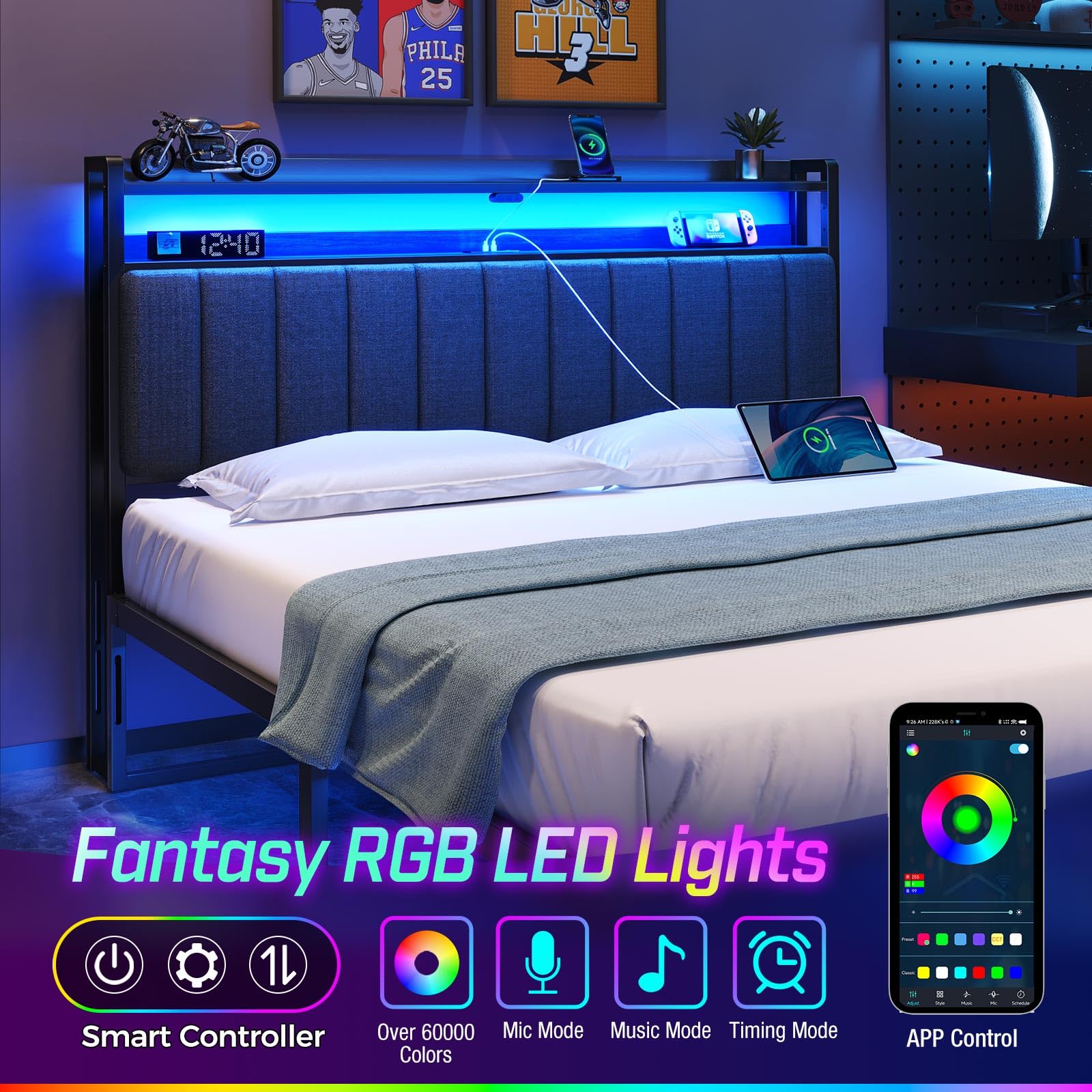 Headboard for Full Size Bed with Storage, 60,000 DIY Color of LED Light, Head Board with USB & Type C Port, Height Adjustable, Black Upholstered Cabeceras de Cama Comfortable Modern, Stable