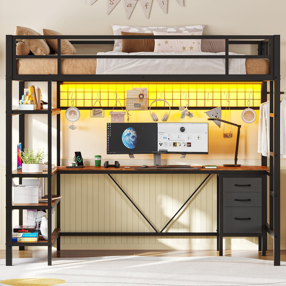 L-Shaped Desk and Storage Shelves, Metal Loft Bed Frame with Power Outlet, LED Lights,