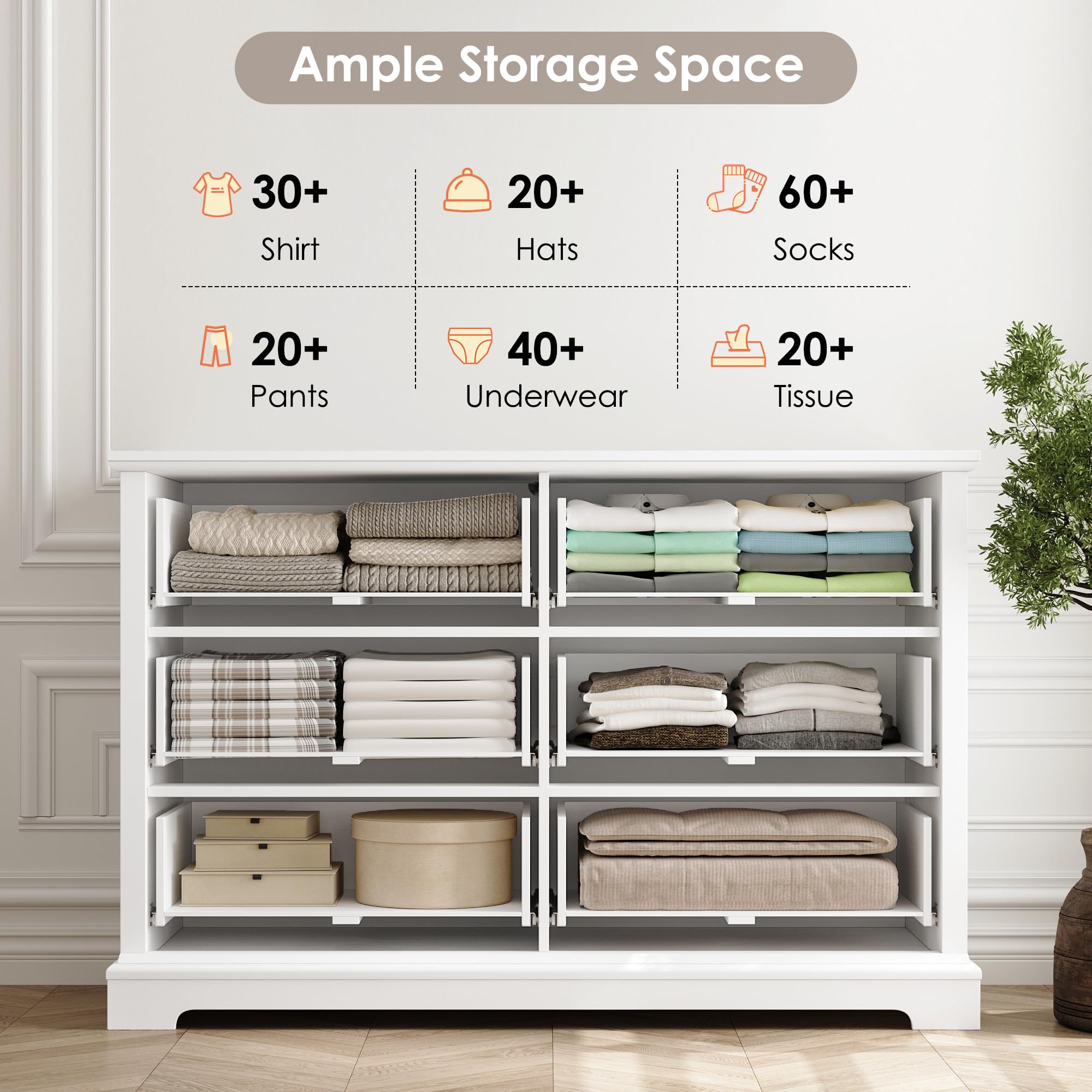 HOSTACK 6 Drawers Dresser for Bedroom, White Dressers & Chests of Drawers, 47.2" Wide Wood Double Dresser, Modern Farmhouse Storage Dressers, 6 Drawer Chest for Living Room, Entryway, Hallway