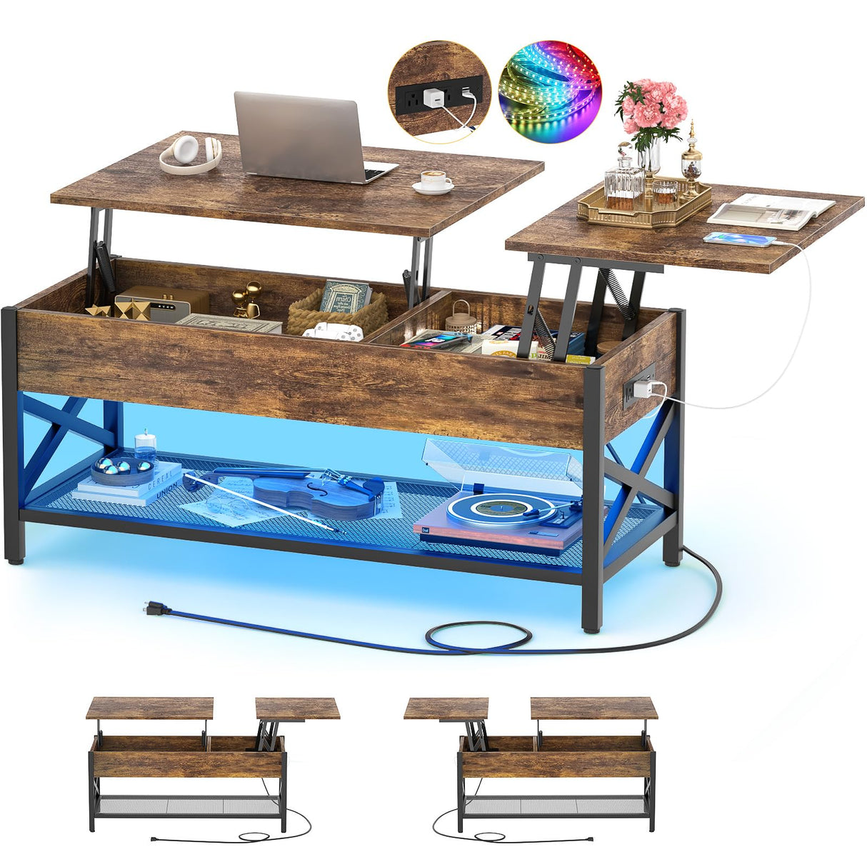 Coffee Table, Lift Top Coffee Table with LED Light and Power Outlet