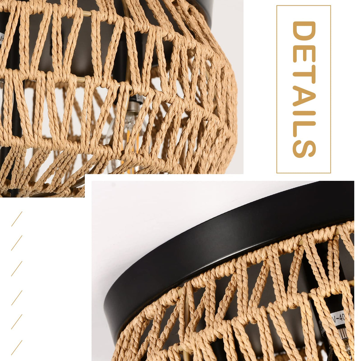 Woven Rattan Flush Mount Ceiling Light Fixture with Hand-Worked Cage Shade