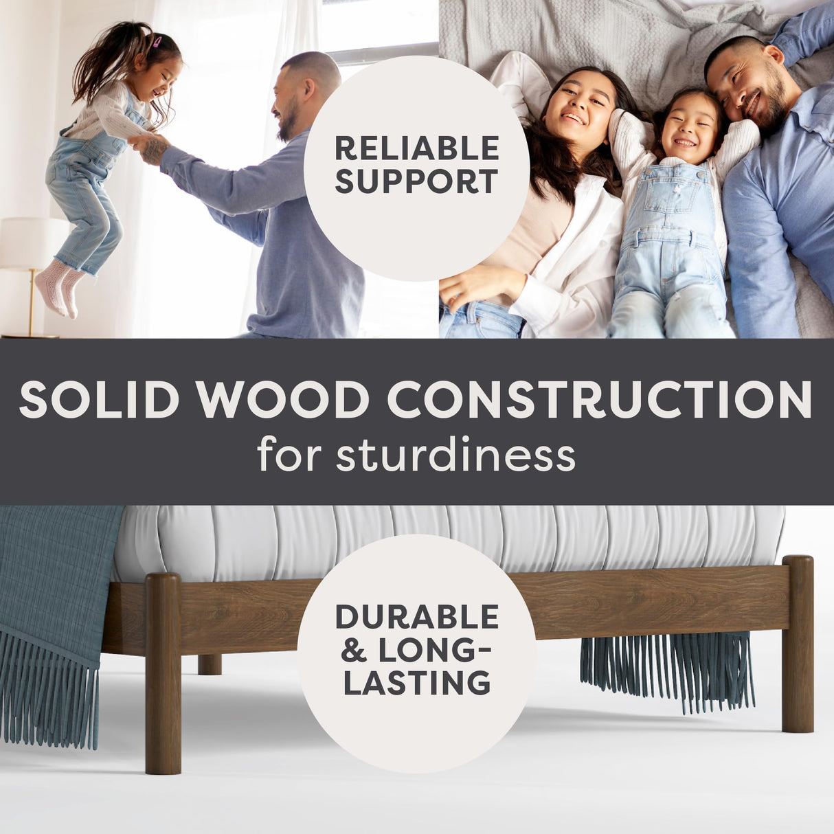 Queen Size Solid Wood Bed Frame with Upholstered Boucle Headboard