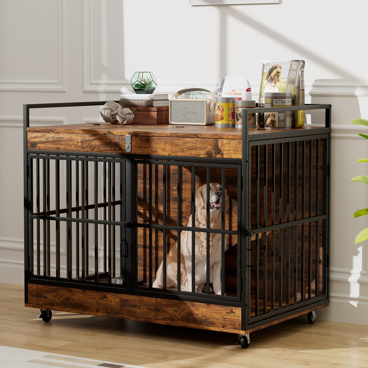 45" Heavy Duty Dog Crate Furniture with Stainless Steel Bowls