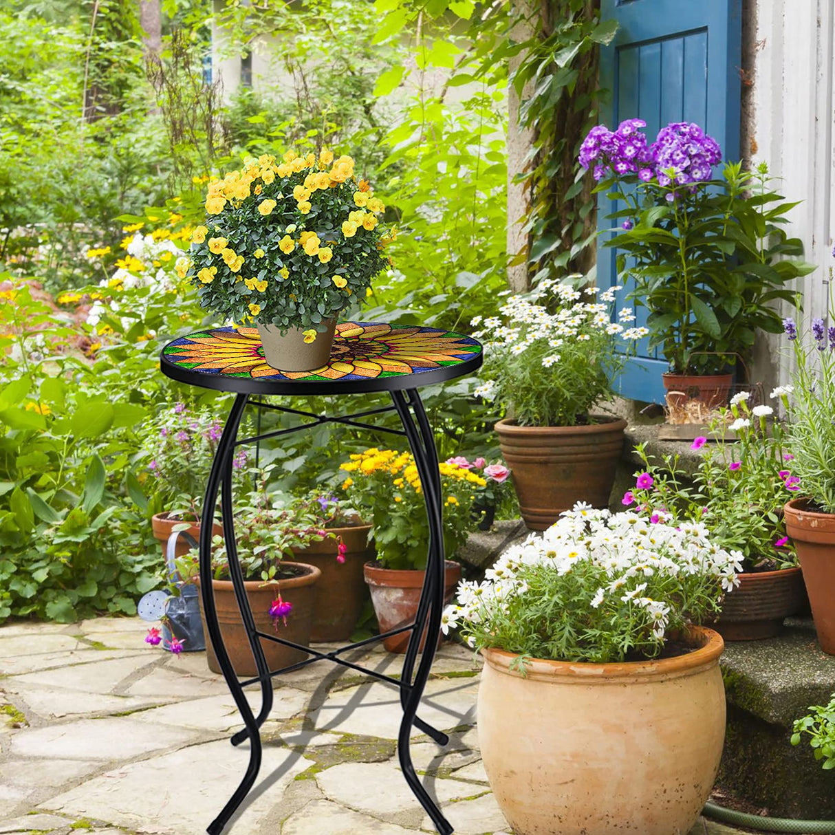 Sunflower Outdoor Side Table, Mosaic Design, Small Glass Top, Round, Patio Side Table