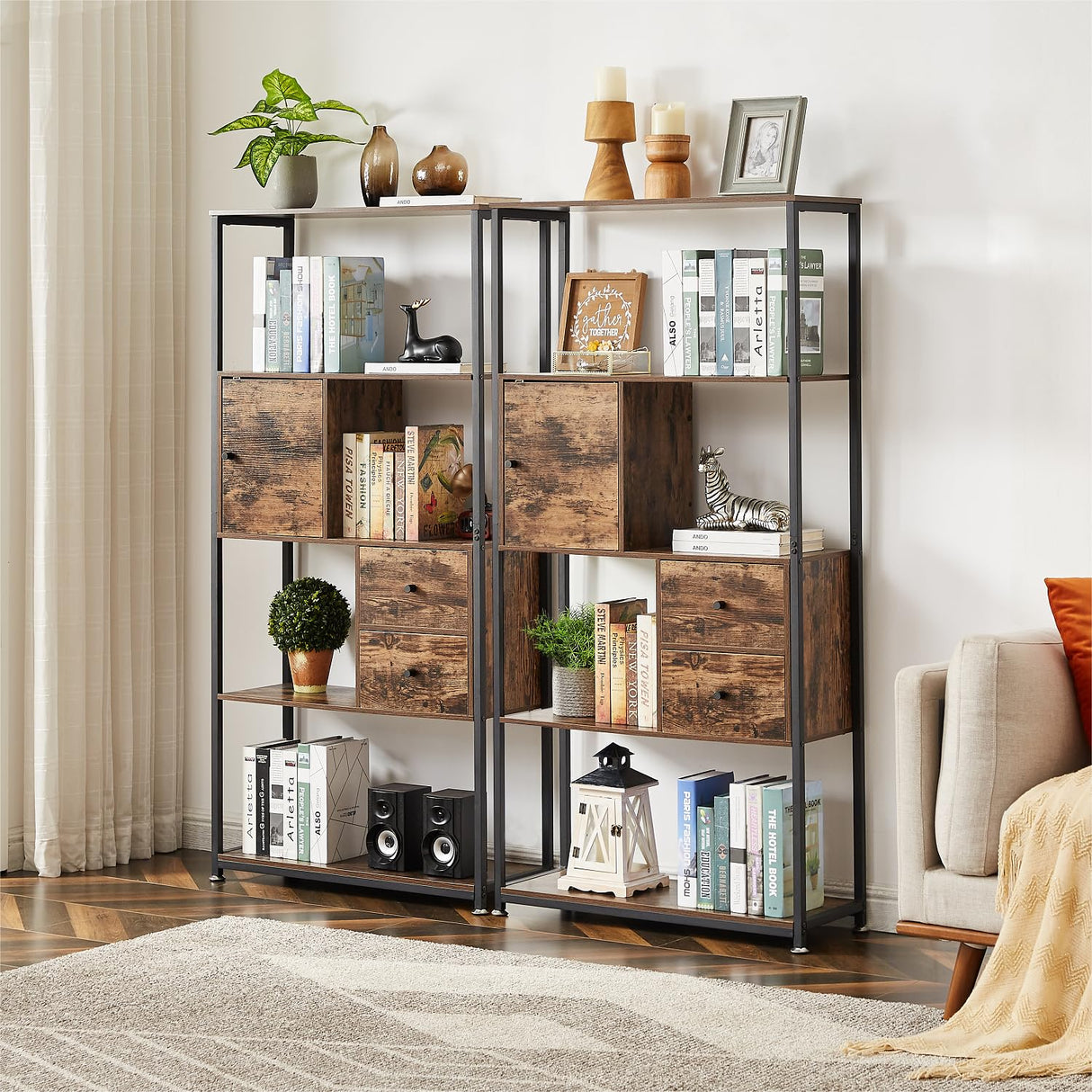 Bookshelf,4-Tier Book Shelves with 2 Storage Drawers and 1 Cabinet, Metal Frame Open BookcaseStanding Shelf Unit for Living Room, Home Office