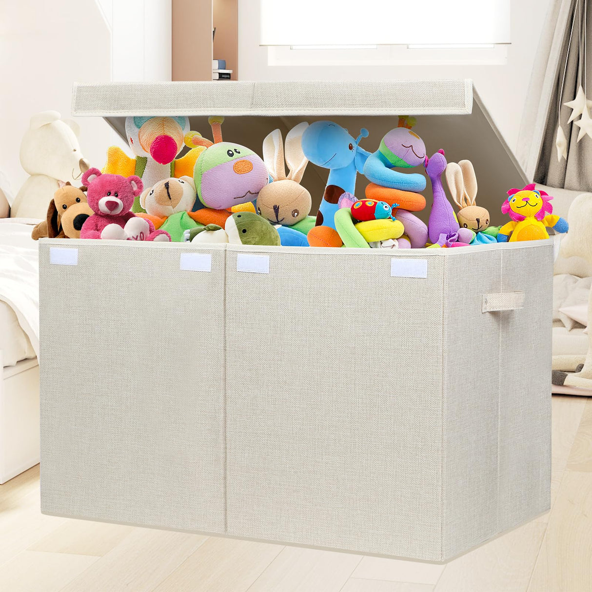 122L Large Toy Box Chest with Lid, Foldable Toy Storage Organizer Bin Boxes with Removable Divider for Kids, Boys, Girls, Nursery, Playroom, 26"x17" x17" (Linen Beige)