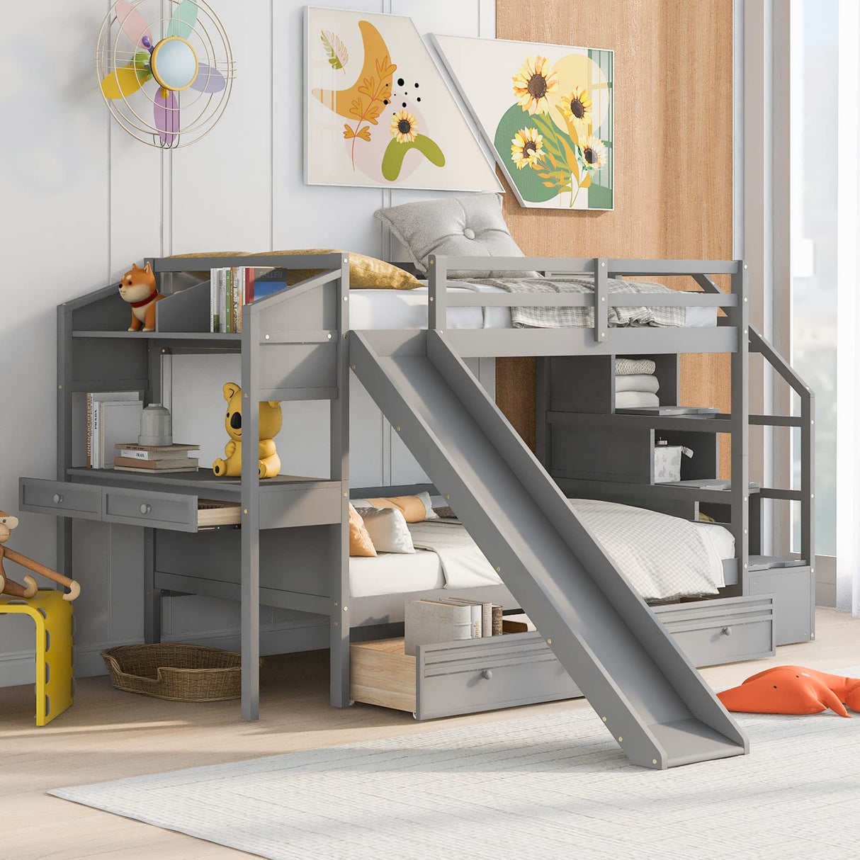 Wooden Bunk Bed with Desk, Twin Over Twin Bed Frame