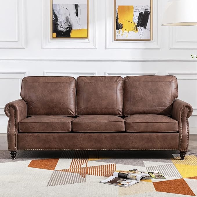 79'' Traditional Faux Leather Sofa Couch with Nailhead Trim, Classic 3-Seater Couch