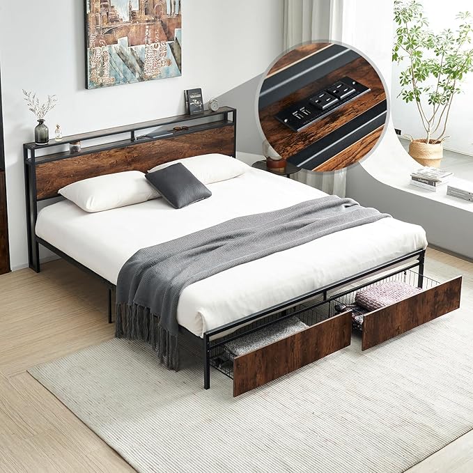 Size Bed Frame, Platform Bed Frame with 2-Tier Storage Headboard