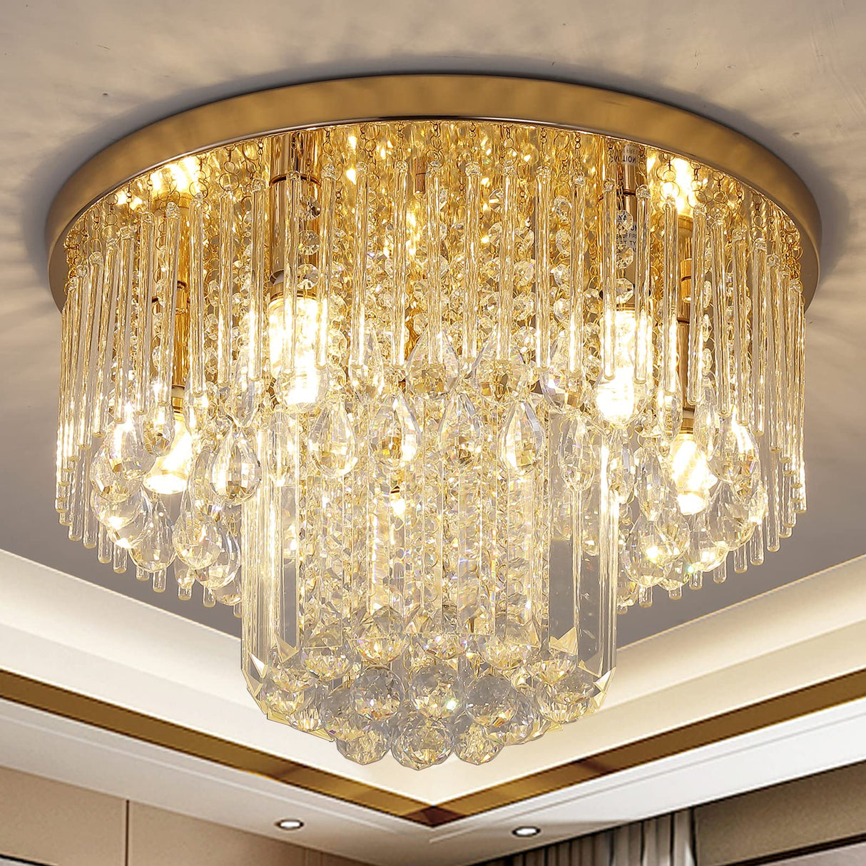 Gold Crystal Raindrop Chandelier Flush Mount Ceiling Light, 5 Lights Modern Round K9 Crystal Chandelier